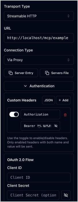 Screenshot of the left pannel of the MCP Inspector with the connection settings for the example MCP server