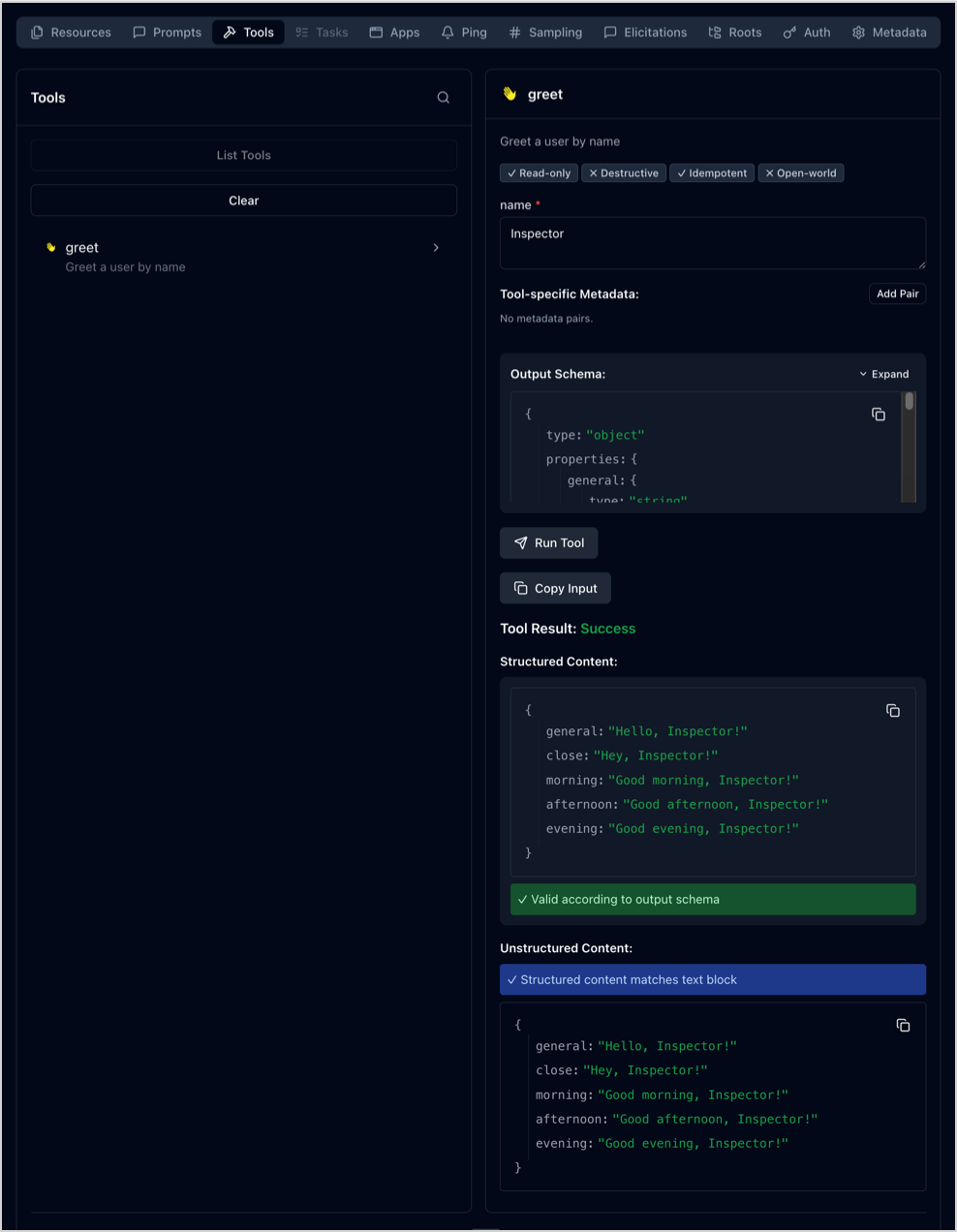 Screenshot of the right pannel of the MCP Inspector with the list of tools obtained from the example MCP server, and the test of the greet tool